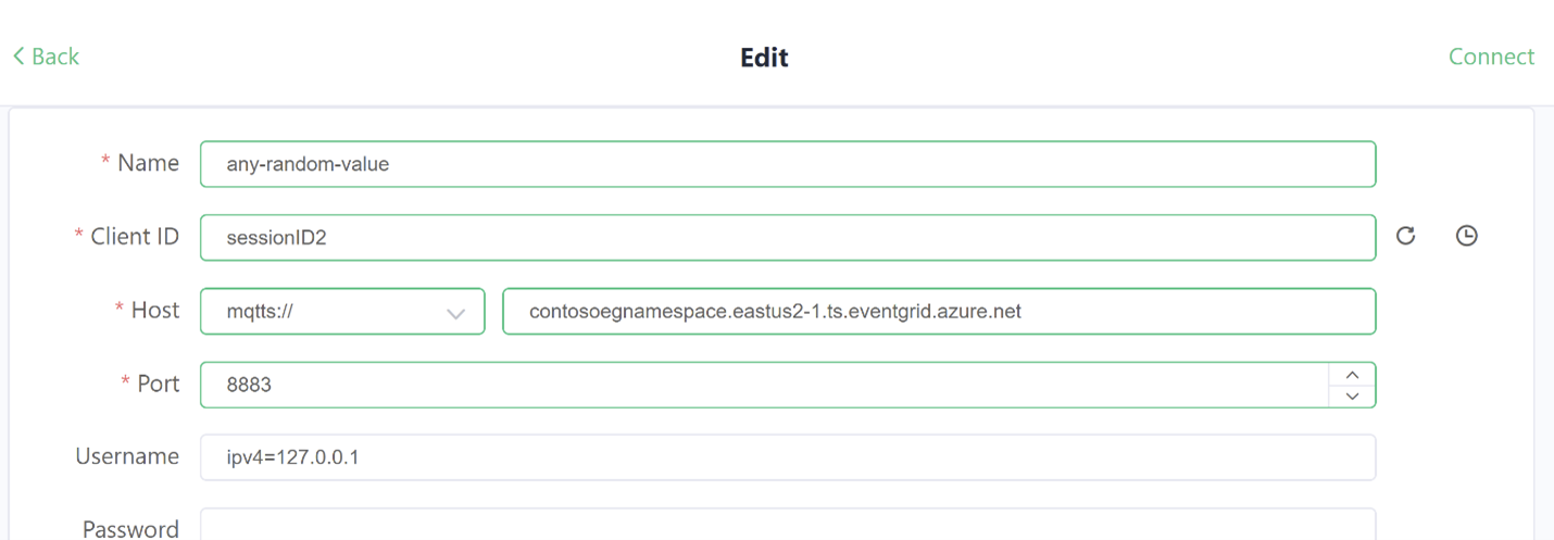 Screenshot showing the MQTTX application client configuration with second session.