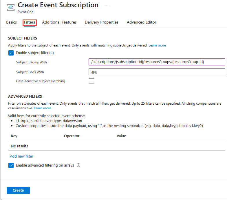 Screenshot that shows the Filters tab of the Create Event Subscription page.