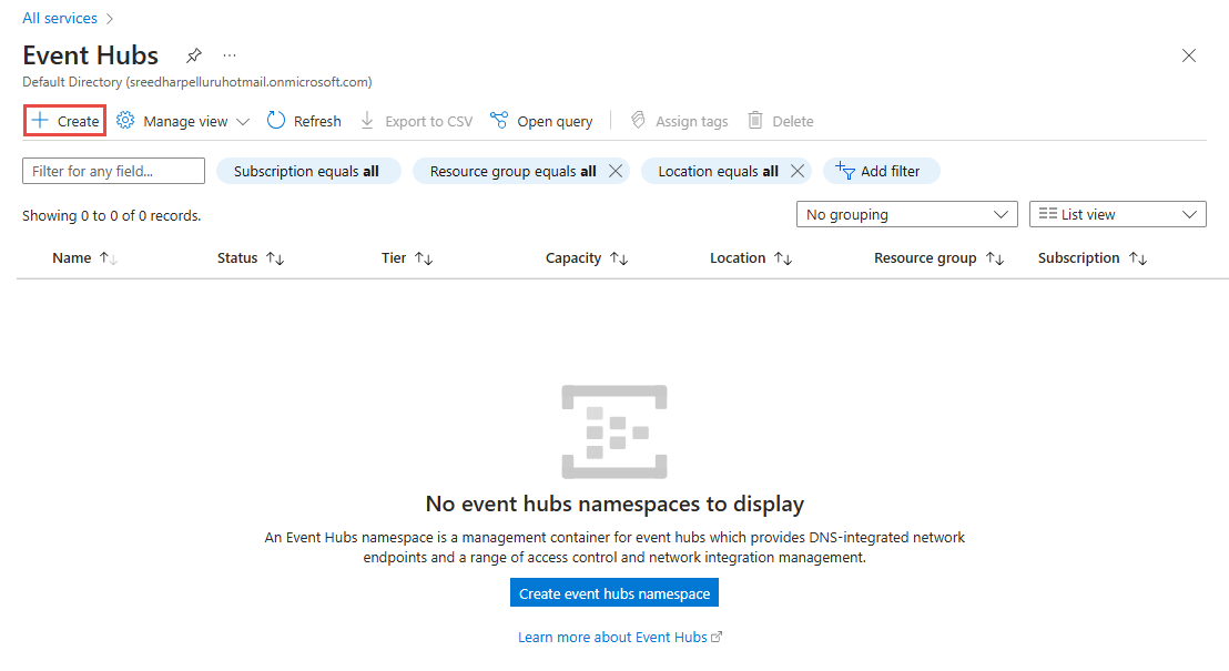 Screenshot showing the selection of Create button on the Event hubs page.