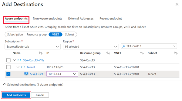 Screenshot of adding Azure destination endpoints.