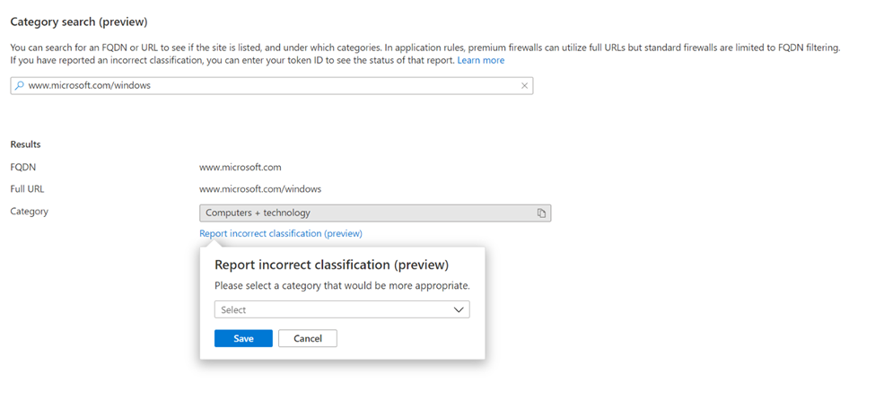 Firewall category report dialog