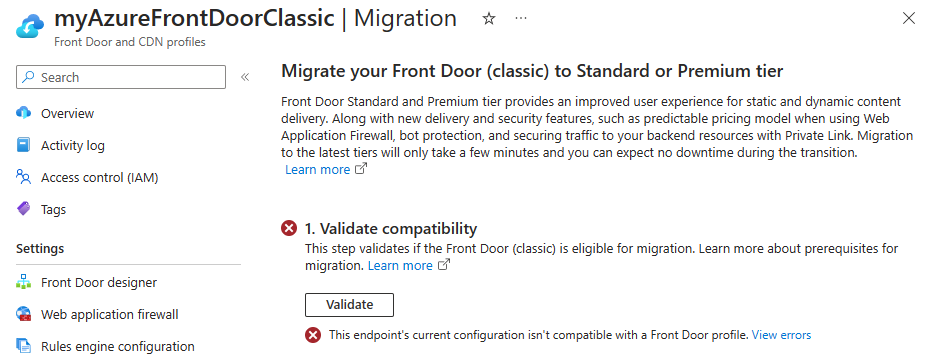 Screenshot of the Azure Front Door (classic) profile failing validation phase.