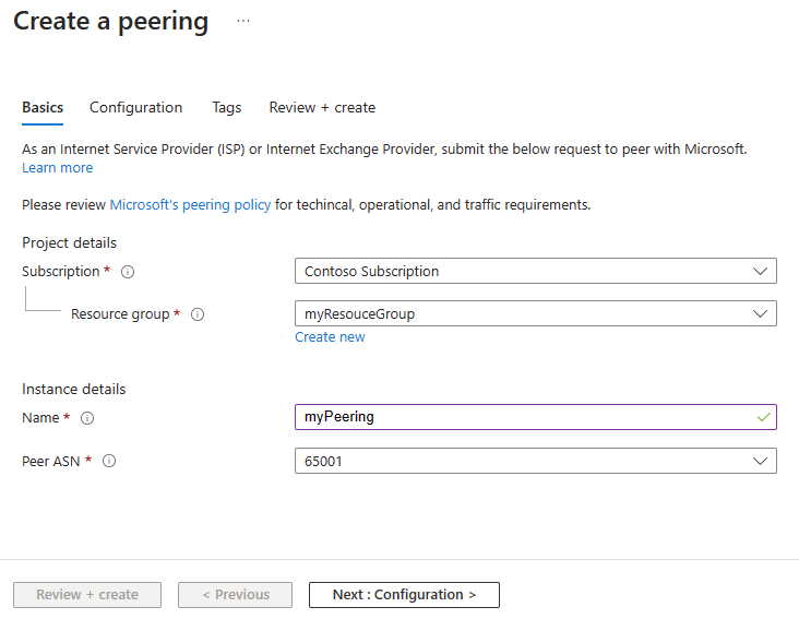 Screenshot that shows the Basics tab of creating a peering in the Azure portal.