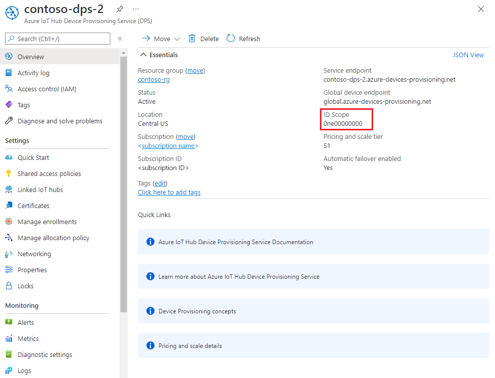 Extract Device Provisioning Service endpoint information from the portal blade