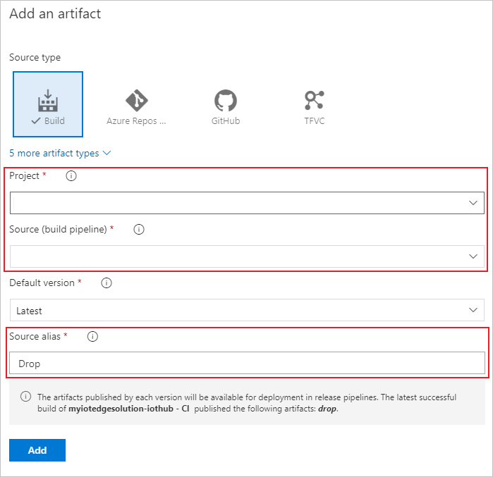 On the add an artifact page, select Add to create the artifact