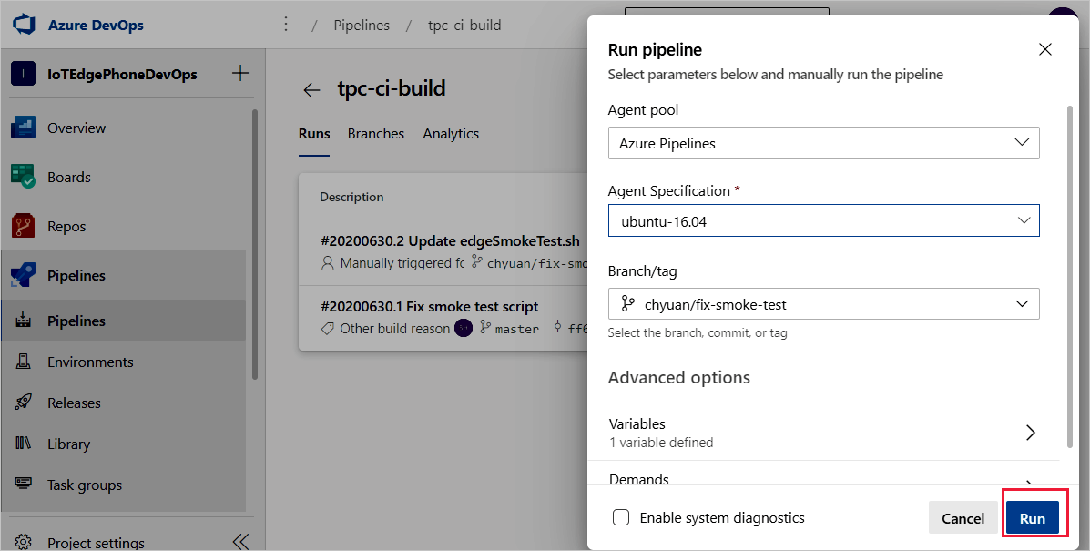 Specify run pipeline options and select Run