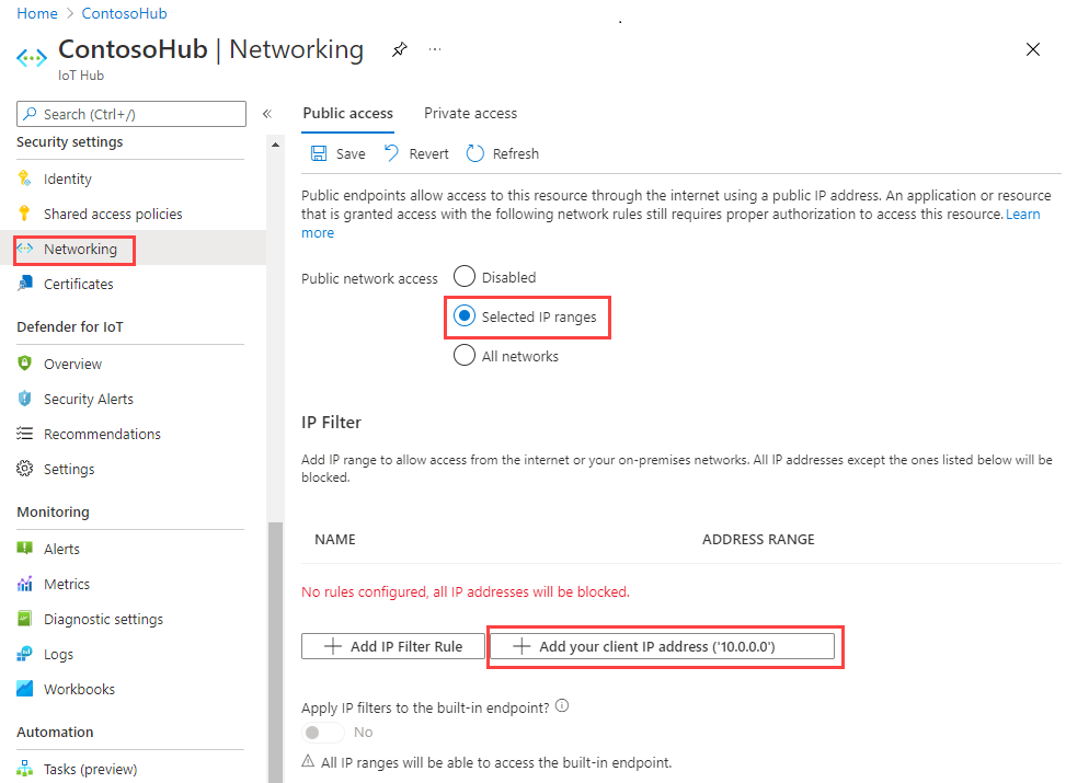 Screenshot showing the Azure portal where to turn on public network access.