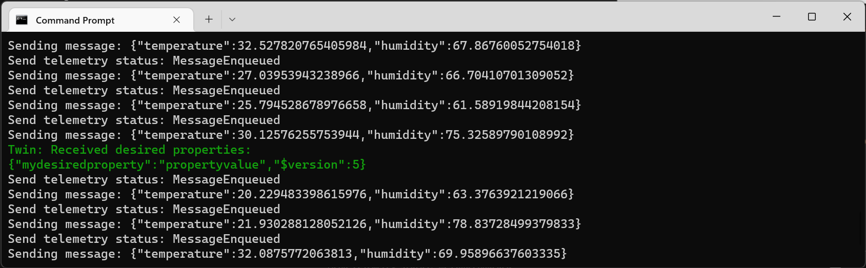 Screenshot that shows the device confirming that the desired properties update was received.