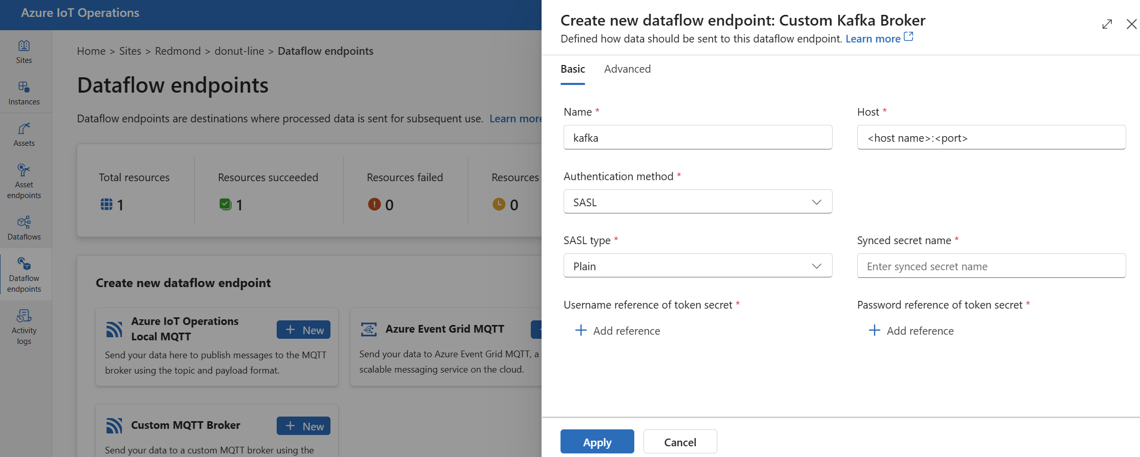 Screenshot using operations experience to create a Kafka data flow endpoint.