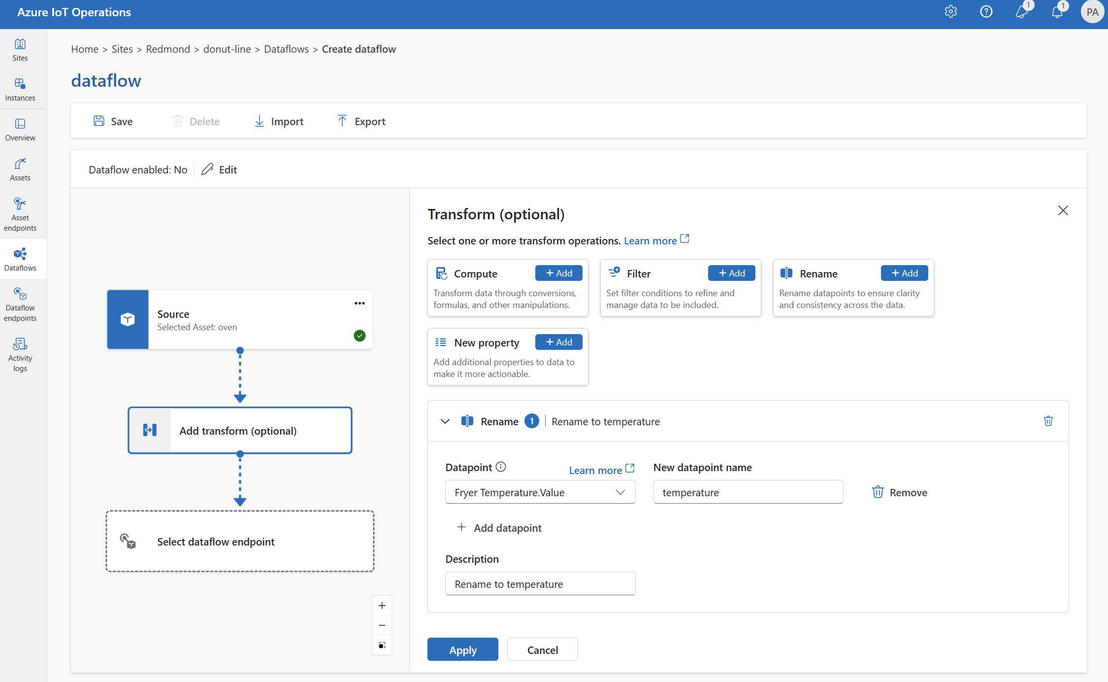 Screenshot using operations experience to rename a datapoint.