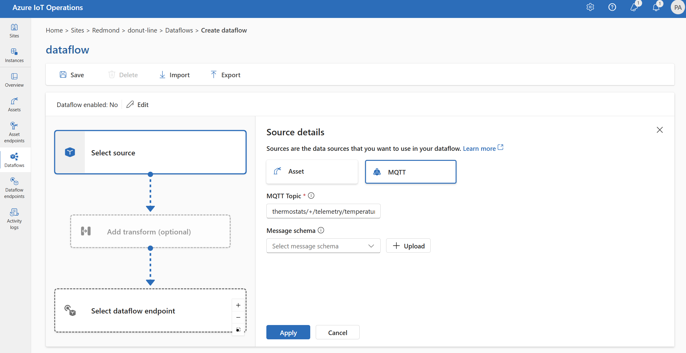 Screenshot using operations experience to select message broker as the source endpoint.