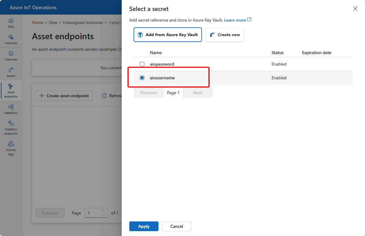 Screenshot that shows the username and password references from Azure Key Vault.