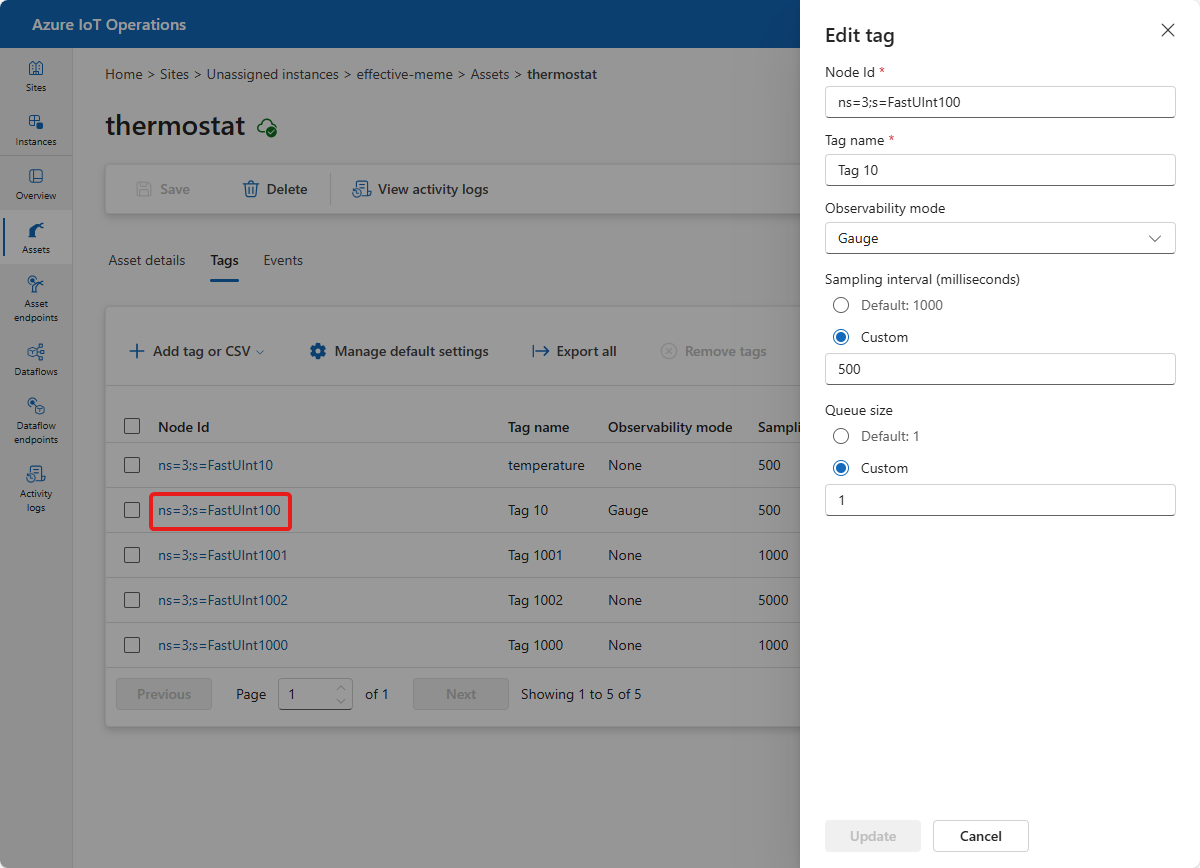 A screenshot that shows how to update an existing tag in the operations experience.