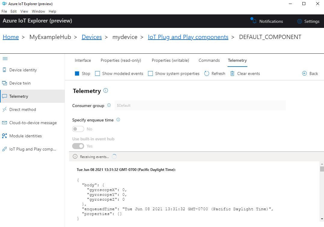 Screenshot of device telemetry in IoT Explorer