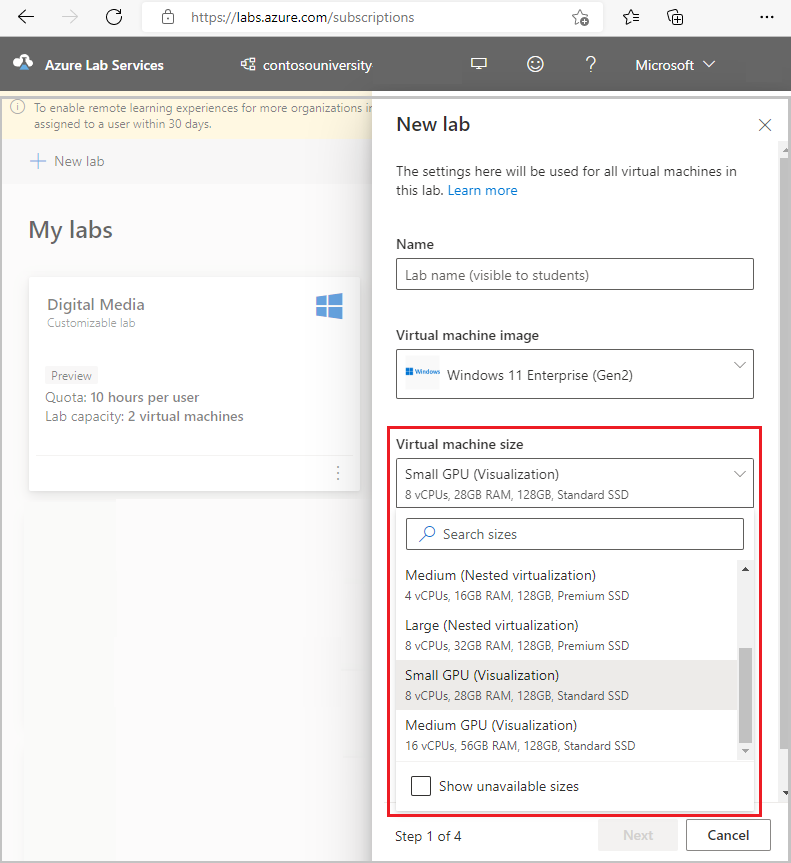 Screenshot of the New lab window for creating a new lab in the Lab Services website, highlighting the VM sizes dropdown.