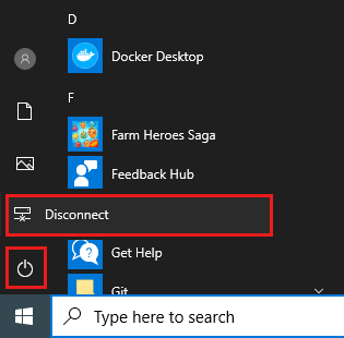 Screenshot of the Start menu in Windows.  The power button and disconnect item are highlighted.