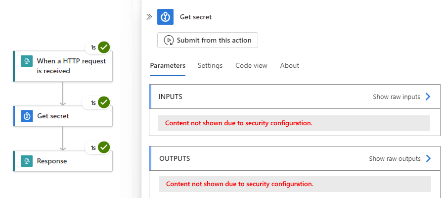 Screenshot showing hidden inputs and outputs in workflow run history after enabling secure inputs and outputs.