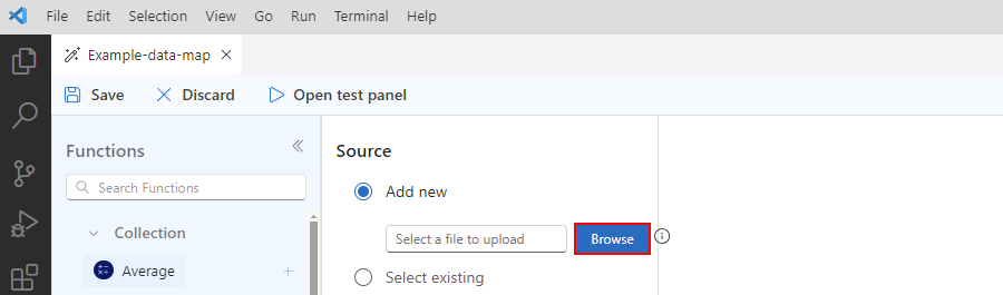 Screenshot shows Data Mapper and Source pane with selected options for Add new and Browse.