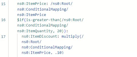 Screenshot shows Code pane  with conditional mapping between source and target elements using the functions, Greater, Multiply, and If.