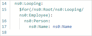 Screenshot showing code view with looping relationship between source and target arrays, Employee and Person, respectively.