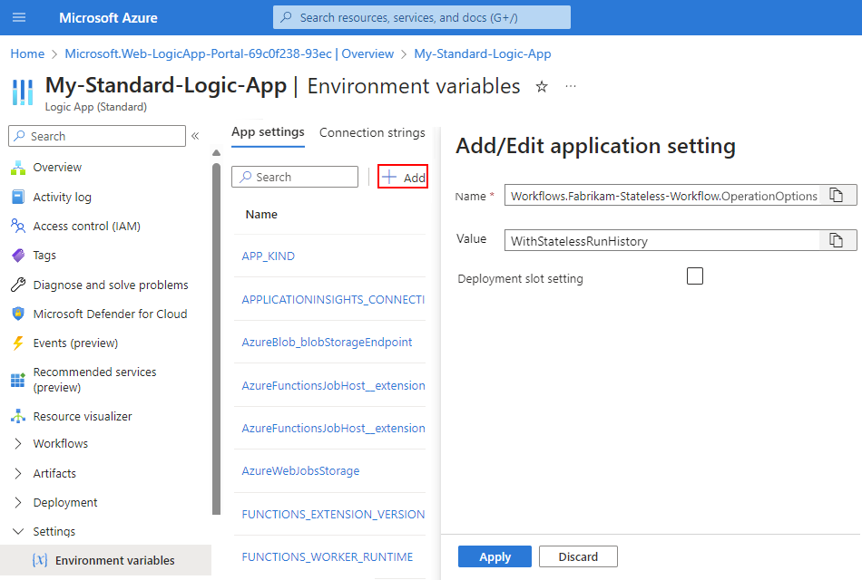 Screenshot showing Standard logic app and pane named Add/Edit application setting with Workflows.{yourWorkflowName}.OperationOptions set to WithStatelessRunHistory.