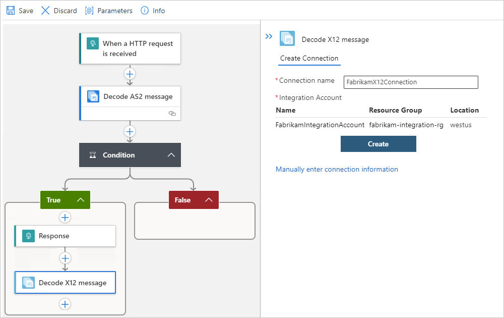 Screenshot showing single-tenant designer and connection to integration account.