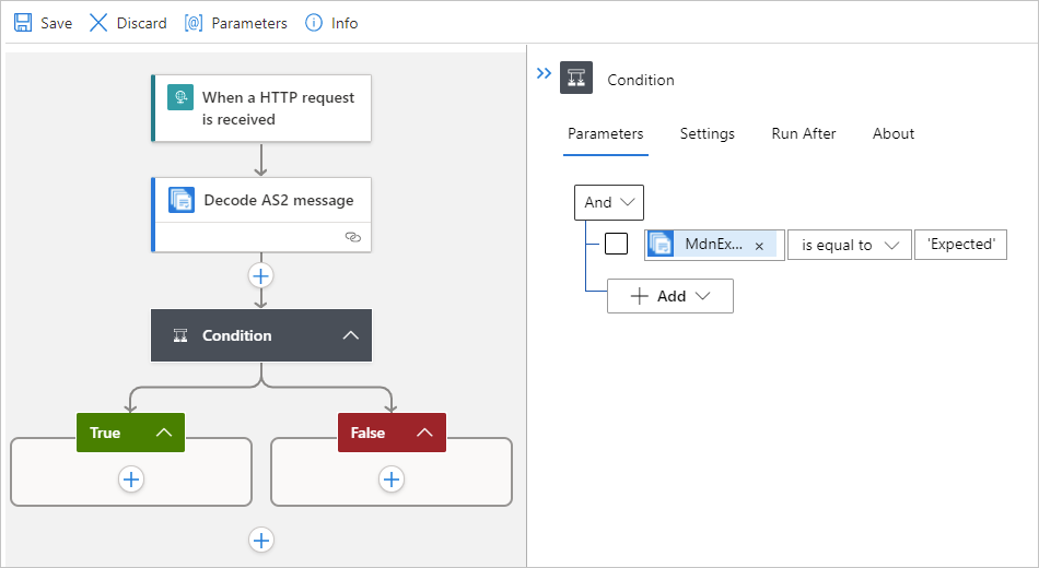 Screenshot showing single-tenant designer and the condition shape with an operation.