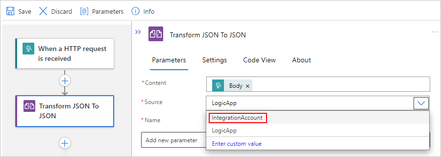 Screenshot showing Standard workflow with "Source" property and "IntegrationAccount" selected.