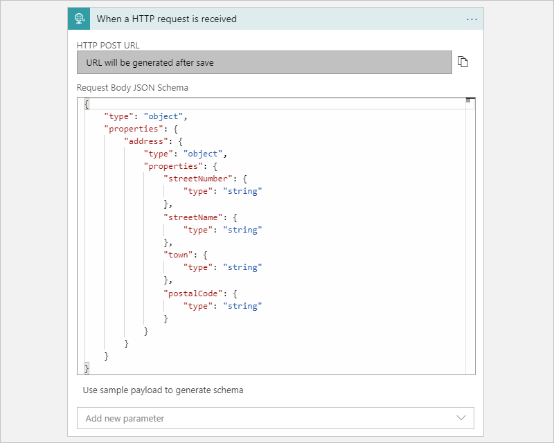 Screenshot shows Consumption workflow with Request trigger and Request Body JSON Schema parameter with example schema.