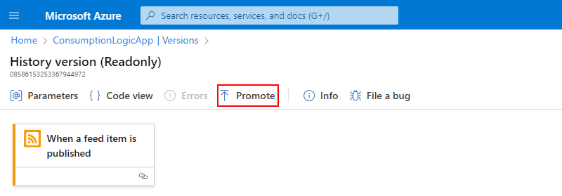Screenshot shows logic app's version history with selected Promote button.