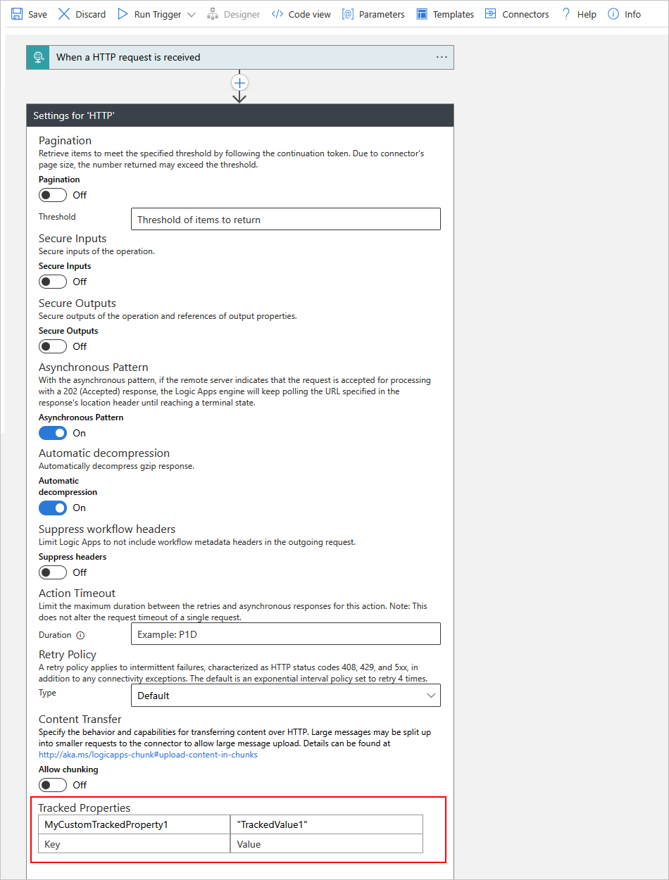 Screenshot showing Azure portal, designer for Consumption workflow, and HTTP action with tracked properties.