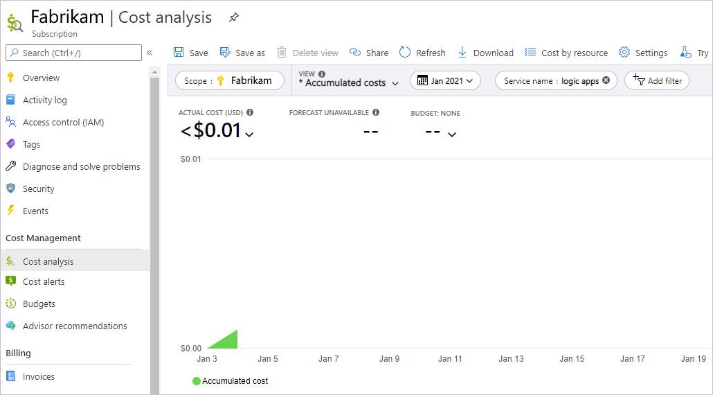 Screenshot that shows Azure portal and cost analysis pane with results filtered on "logic apps".