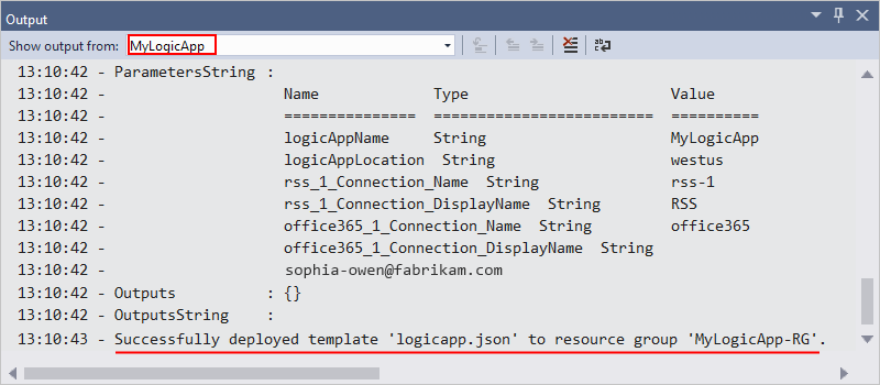 Screenshot shows Output window with deployment status output.