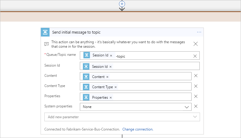 Service Bus action details for "Send initial message to topic"