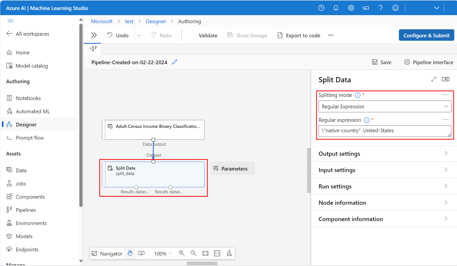 Screenshot that shows how to configure the pipeline and the Split Data component