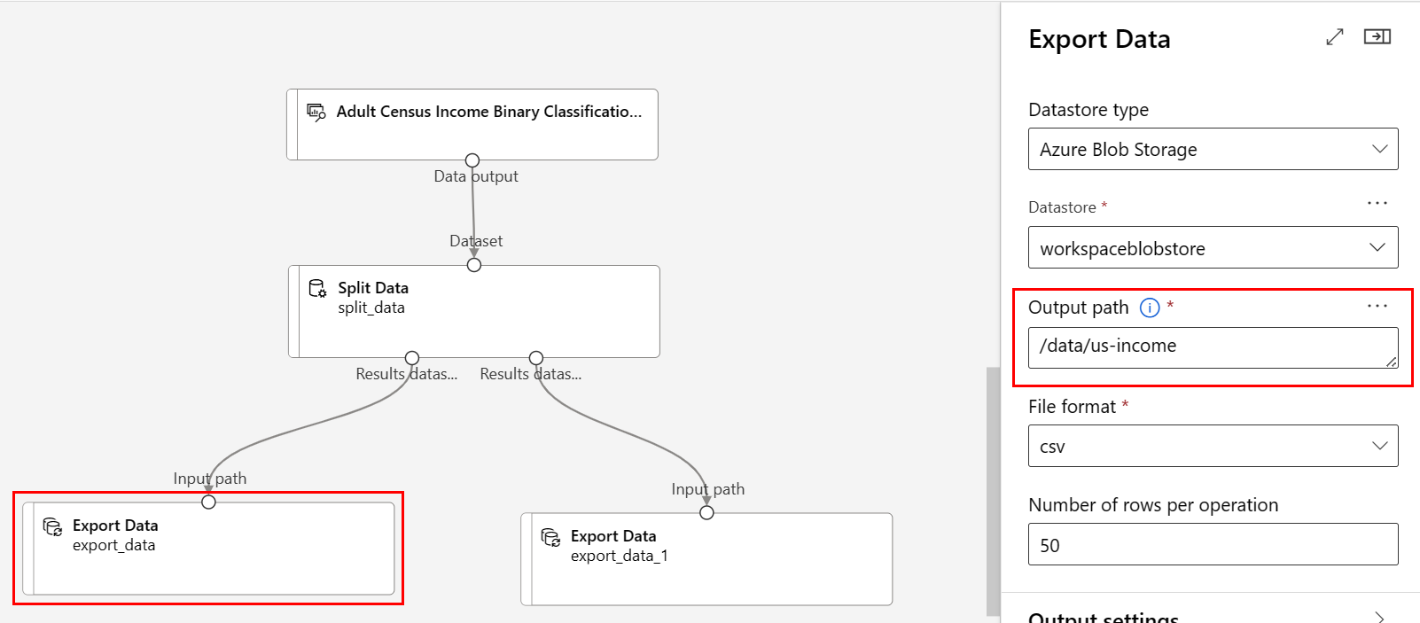 Screenshot showing how to configure the Export Data components