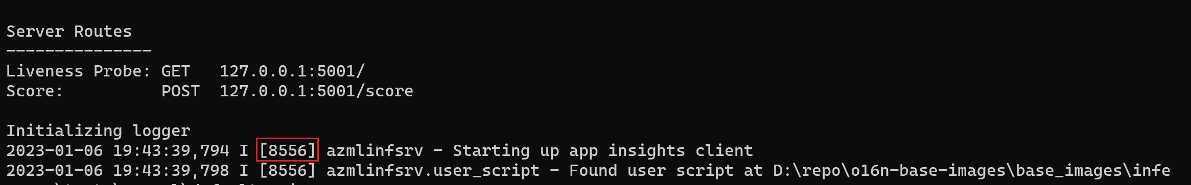 Screenshot that shows a command window displaying logs from the inference HTTP server and the process ID of the azmlinfsrv command highlighted.