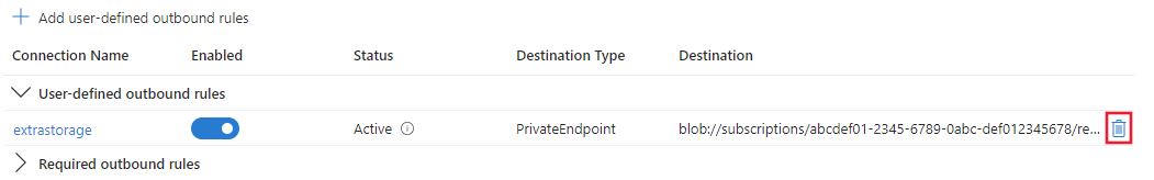 Screenshot of the delete rule icon for an approved outbound managed virtual network.