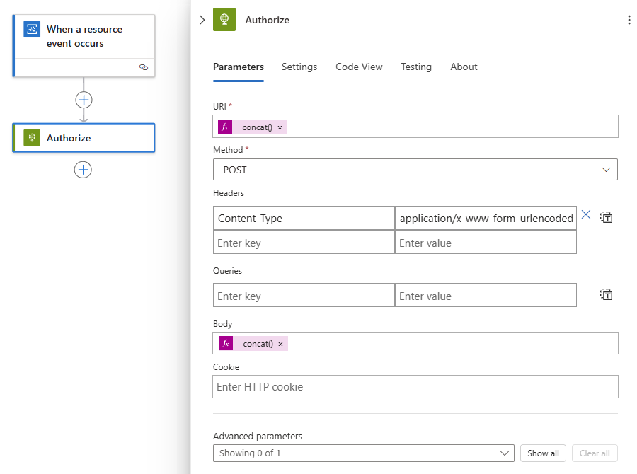 Screenshot shows sample Authorize action in the logic app workflow.