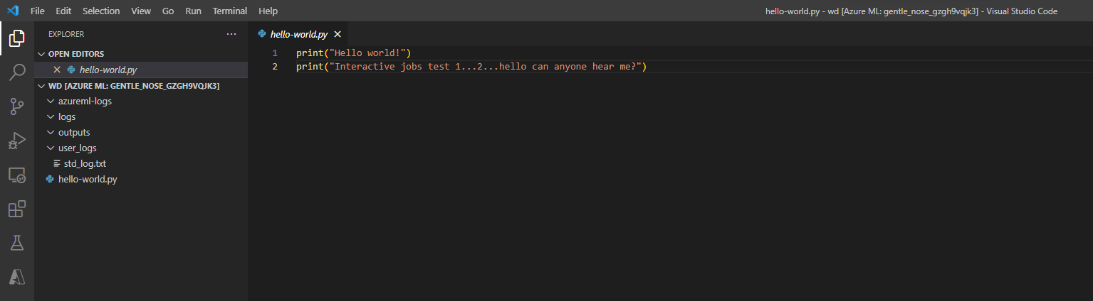 Screenshot of interactive jobs VS Code panel when first opened. This shows the sample python file that was created to print two lines.