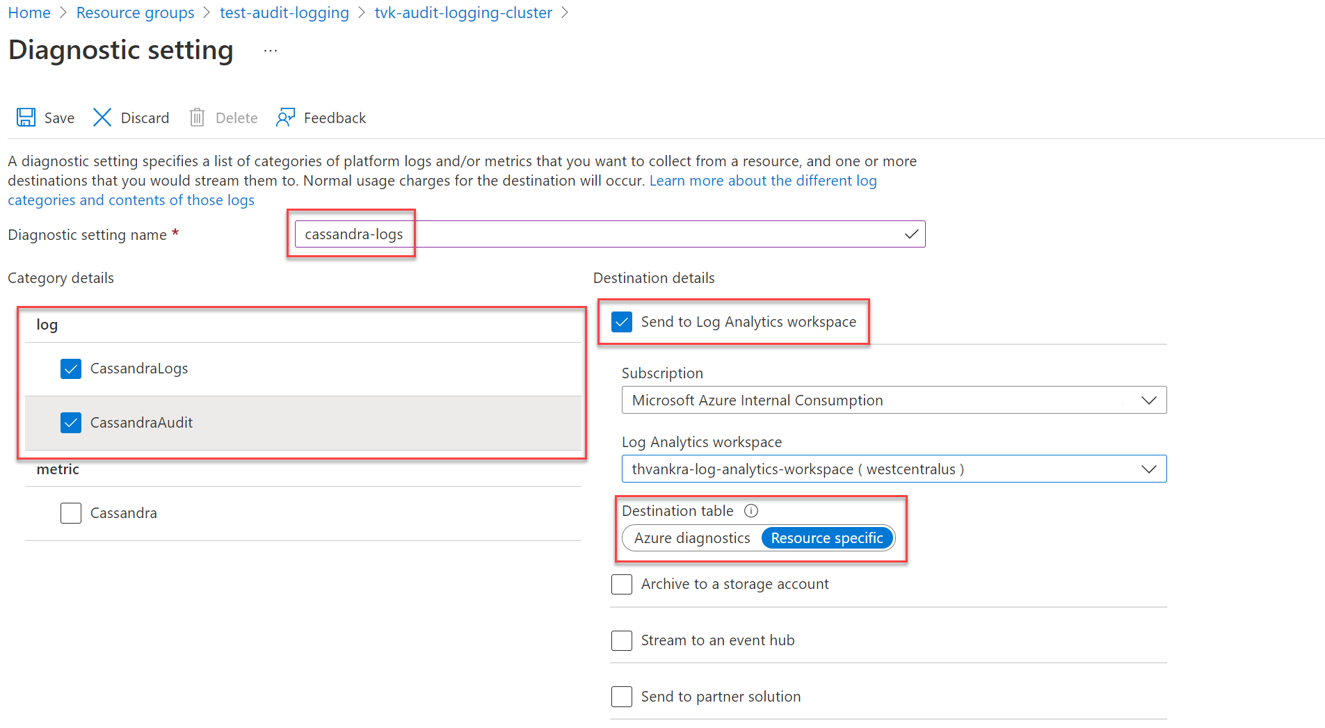 Screenshot that shows selections for a diagnostic setting.