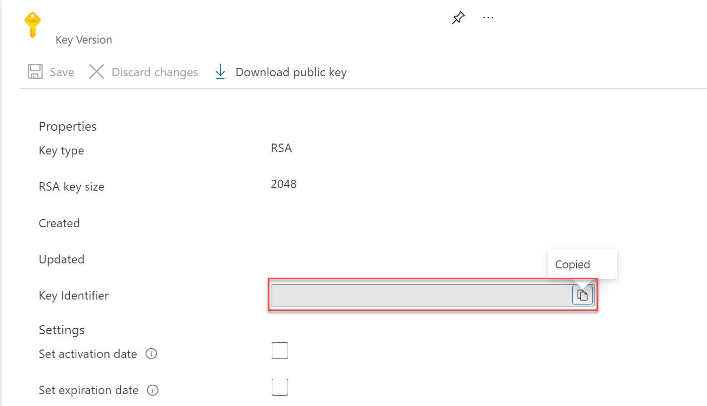 Screenshot that shows copying a key identifier to the clipboard.