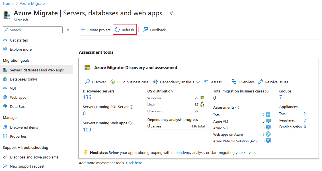 Screenshot of refreshed discovery and assessment tool data.