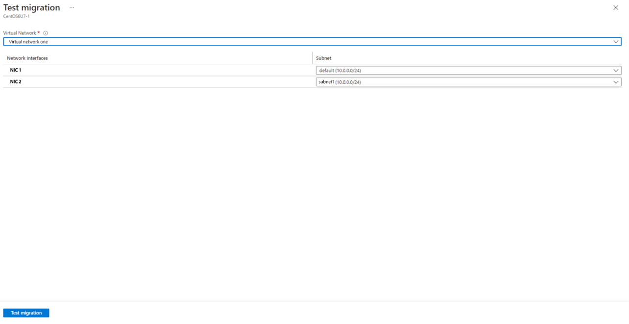 Screenshot shows subnet selection during test migration.