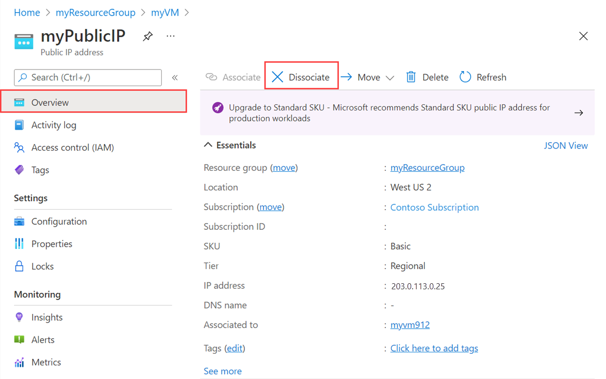 Screenshot of virtual machines public IP address overview and removal of IP address.