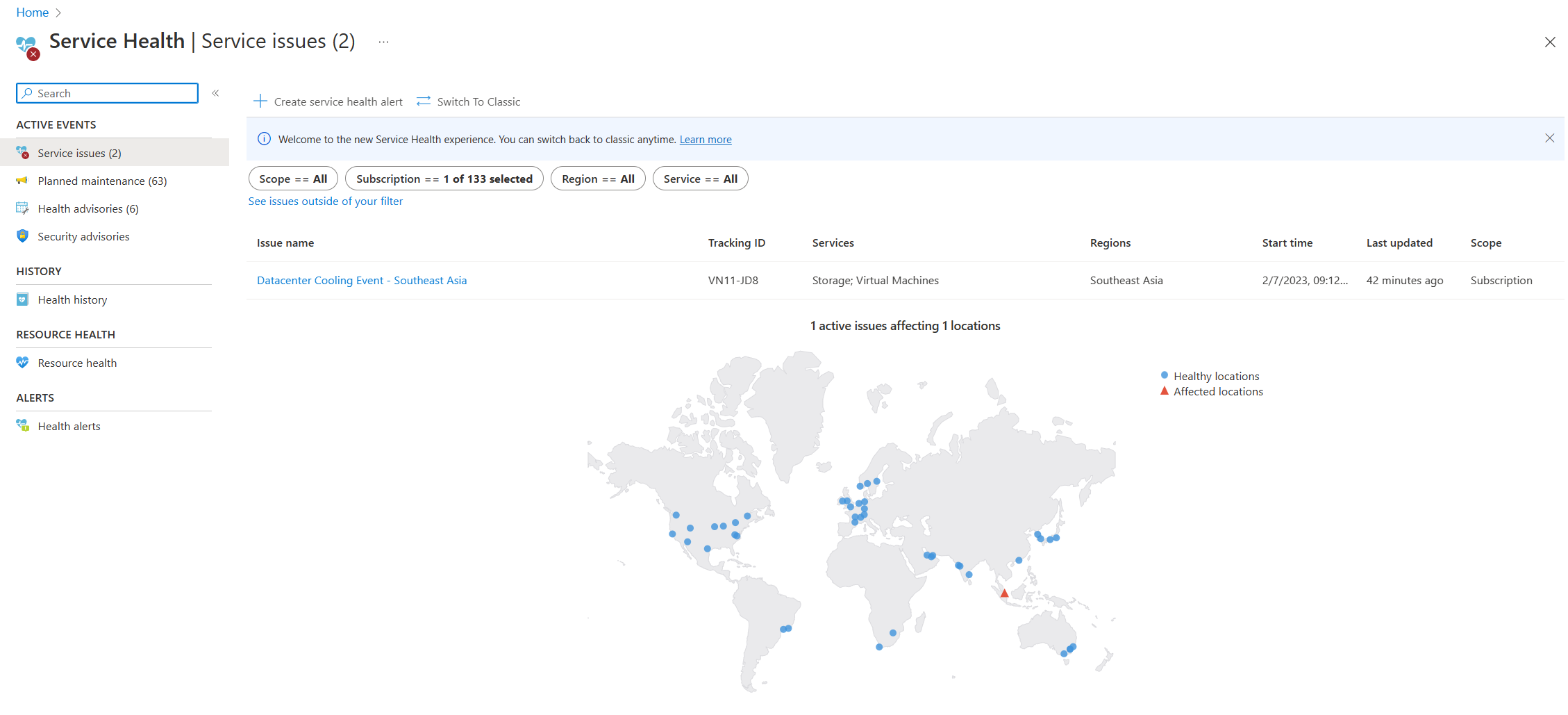  Screenshot showing service outage in Service Health portal.