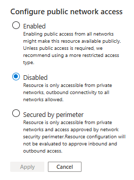 Screenshot of public network access settings with access mode options.