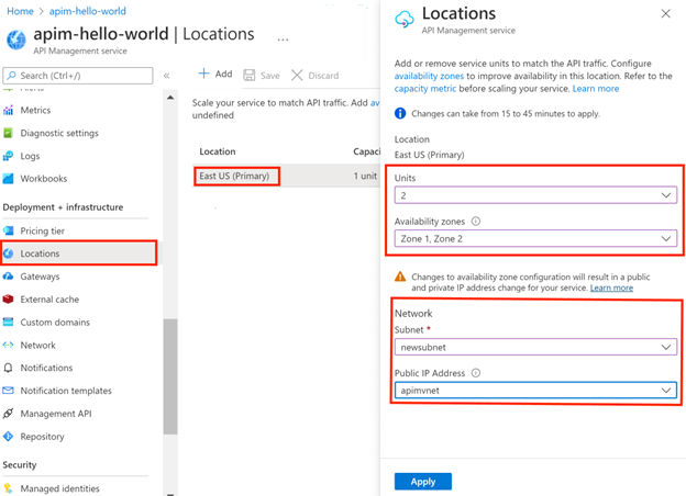 Screenshot that shows selections for migrating an existing location of an API Management instance that's injected in a virtual network.