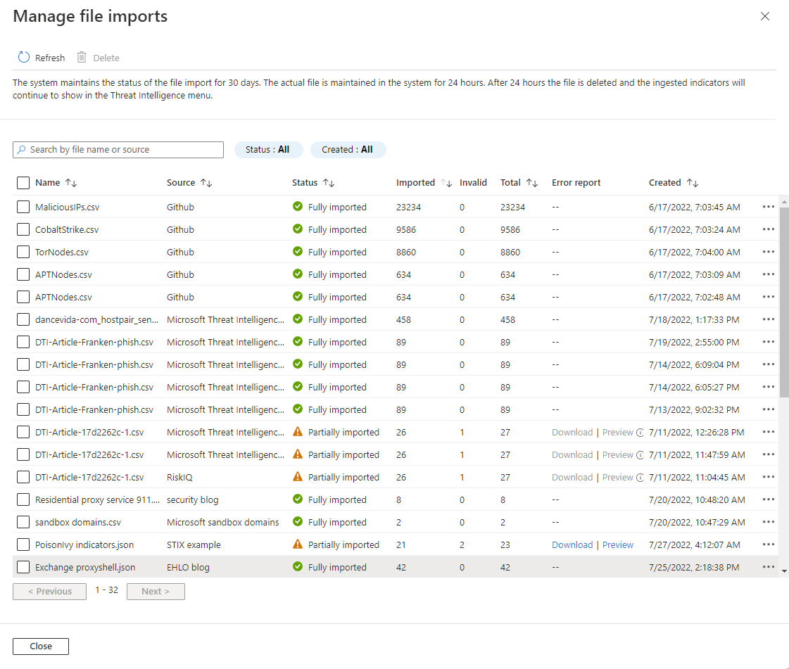 Screenshot that shows the Manage file imports pane with example ingestion data. The columns show sorted by imported number with various sources.