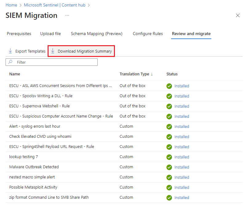 Screenshot showing the Download Migration Summary button from the Review and Migrate tab.